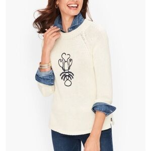 TALBOTS Women’s Raglan Lobster Sweater Cream with Black Embroidery Petite XL
